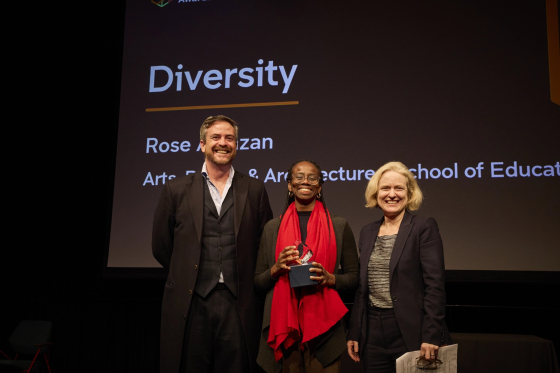 Rose Amazan in the centre, accepting her award from Attila Brungs and Diversity Award Sponsor, Verity Firth