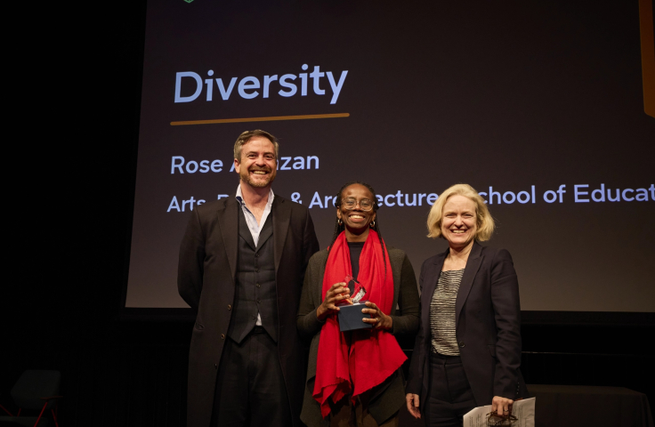 Rose Amazan in the centre, accepting her award from Attila Brungs and Diversity Award Sponsor, Verity Firth